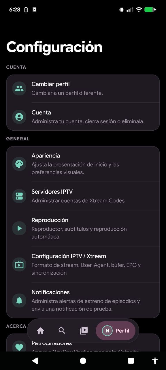 neXStream - Pantalla de Ajustes y Configuración